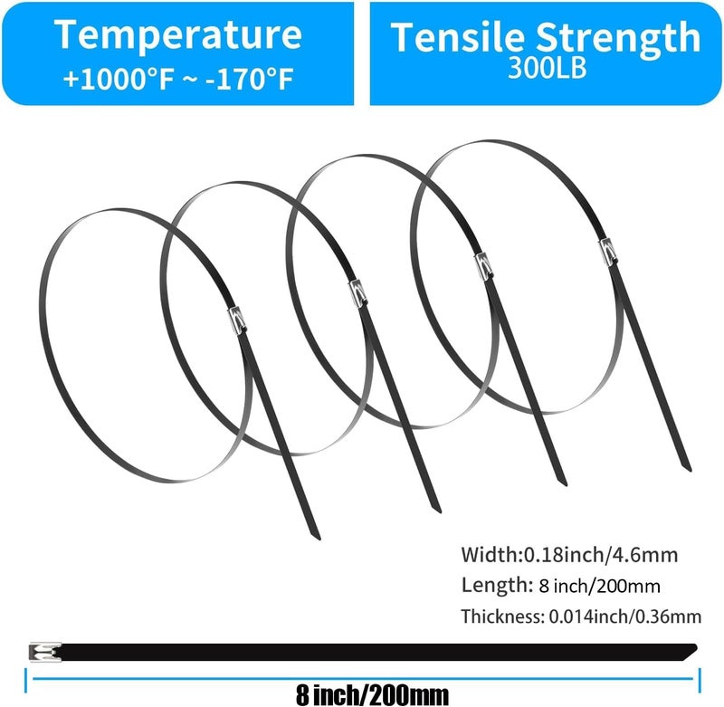XINGO 8 inch Metal Zip Ties (200 Pack), 304 Stainless Steel Heavy Duty Zip Ties, 300lbs Tensile Strength, Multi-Purpose Self-locking Cable Ties for Exhaust Wrap, Outdoor and Canopy Etc - Image 2